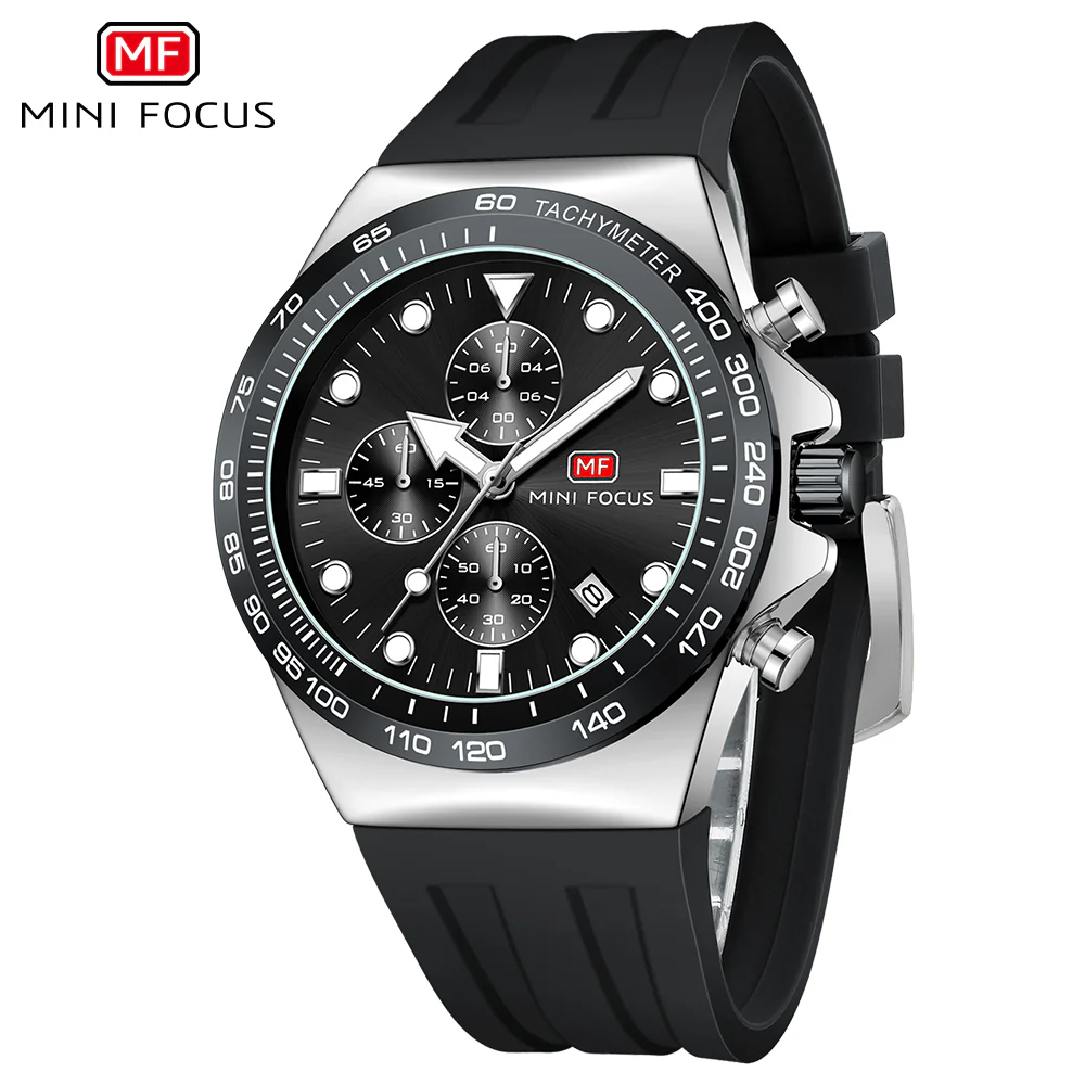 Mini Focus Black Silicone Strap Black Dial Chronograph Quartz Watch for Gents - MF0488G-01 - Image 2