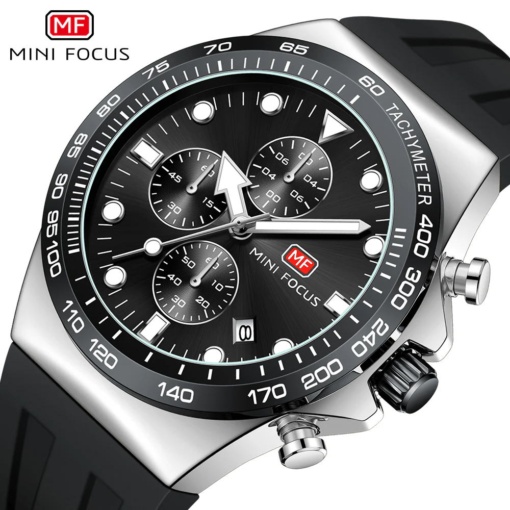 Mini Focus Black Silicone Strap Black Dial Chronograph Quartz Watch for Gents - MF0488G-01 - Image 3
