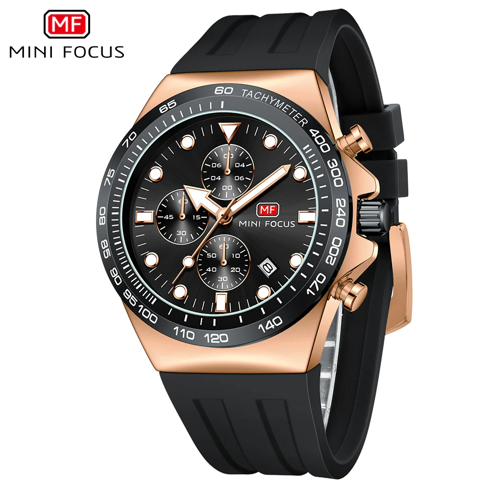 Mini Focus Black Silicone Strap Black Dial Chronograph Quartz Watch for Gents - MF0488G-05 - Image 2