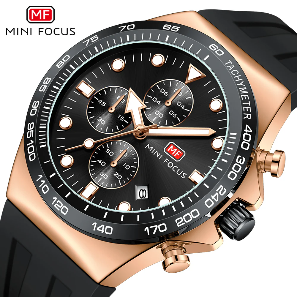 Mini Focus Black Silicone Strap Black Dial Chronograph Quartz Watch for Gents - MF0488G-05 - Image 3