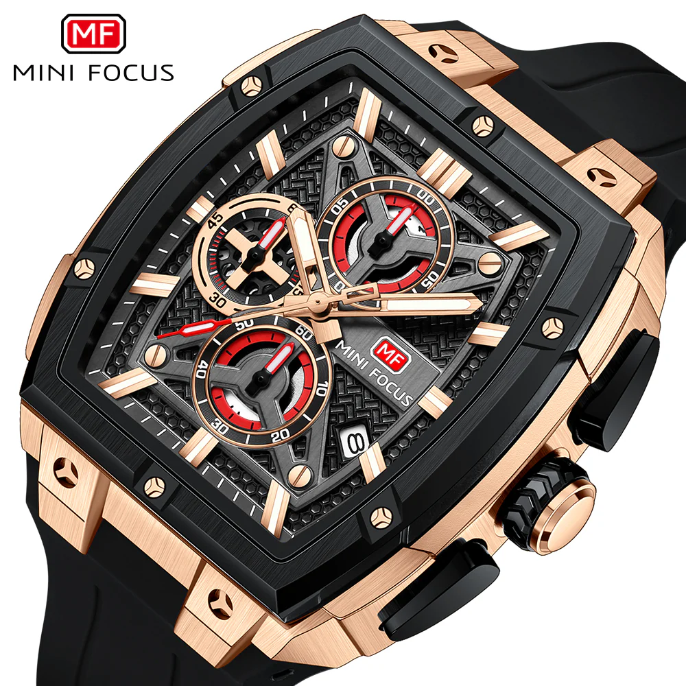 Mini Focus Black Silicone Strap Black Dial Chronograph Quartz Watch for Gents - MF0602G-01 - Image 3