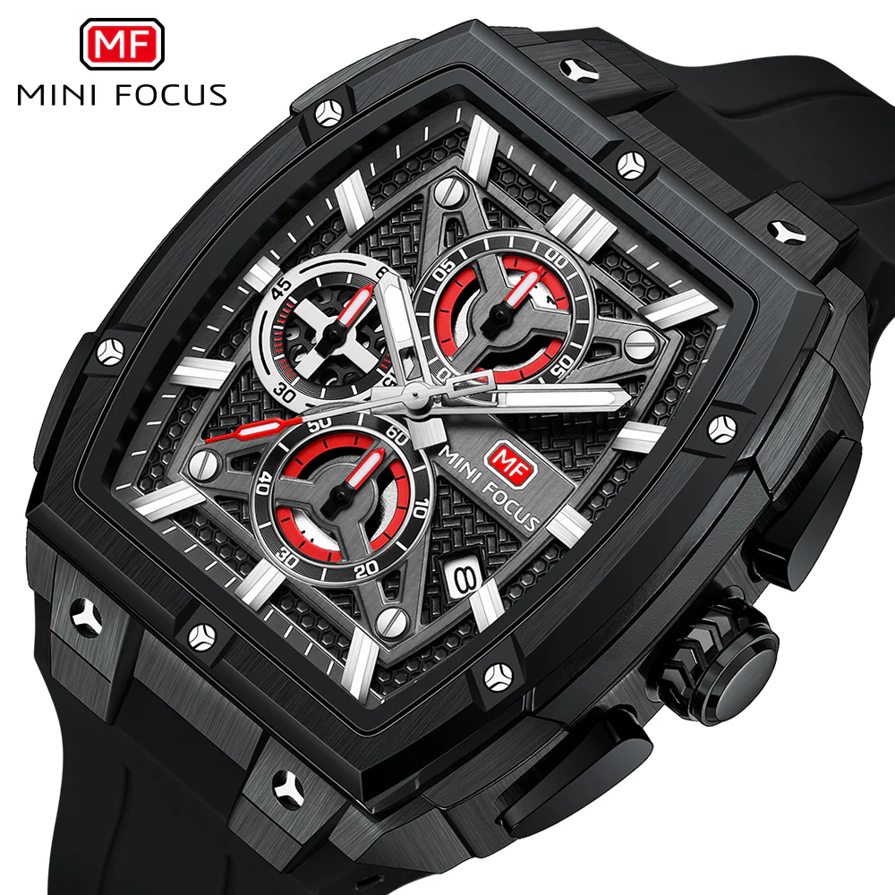 Mini Focus Black Silicone Strap Black Dial Chronograph Quartz Watch for Gents - MF0602G-05 - Image 3