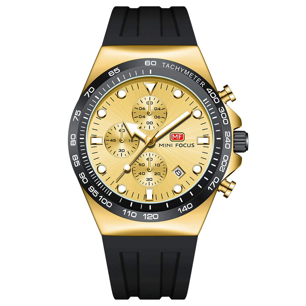 Mini Focus Black Silicone Strap Gold Dial Chronograph Quartz Watch for Gents - MF0488G-04