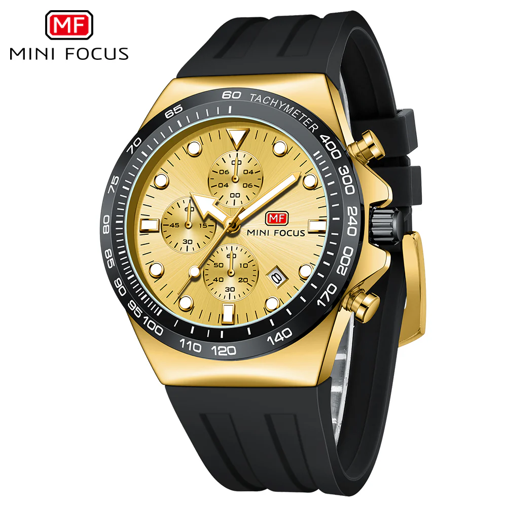 Mini Focus Black Silicone Strap Gold Dial Chronograph Quartz Watch for Gents - MF0488G-04 - Image 2
