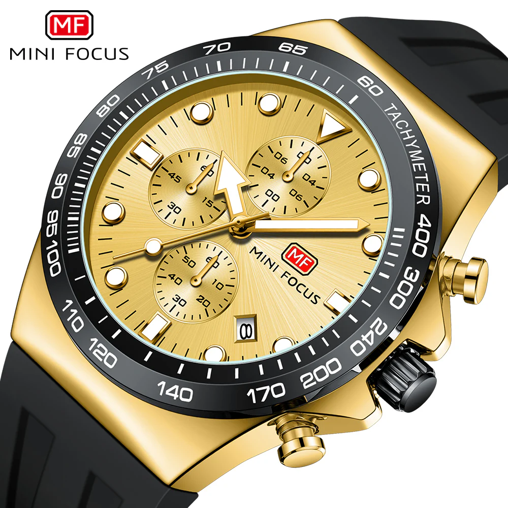Mini Focus Black Silicone Strap Gold Dial Chronograph Quartz Watch for Gents - MF0488G-04 - Image 3