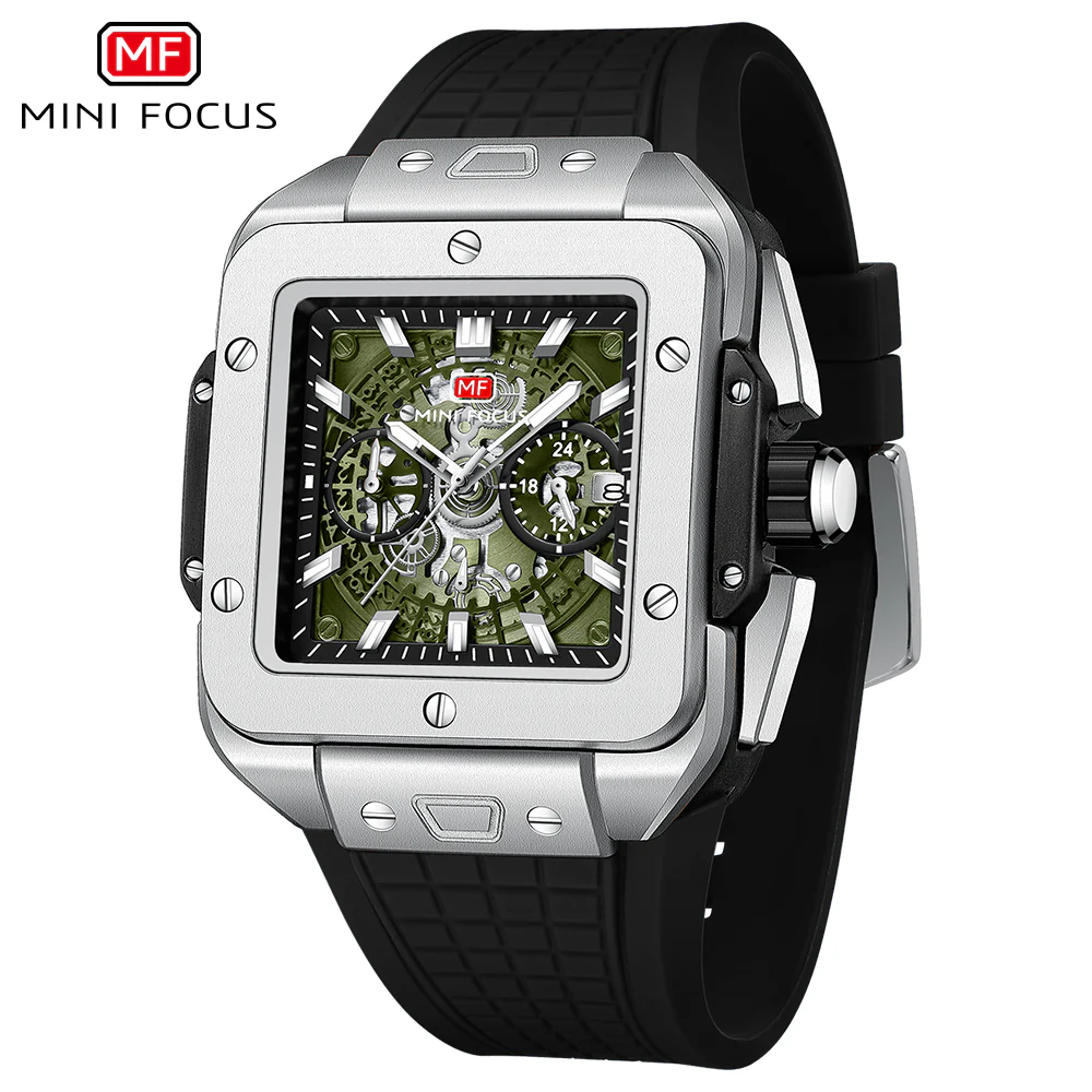 Mini Focus Black Silicone Strap Green Dial Chronograph Quartz Watch for Gents - MF0475G-01 - Image 2