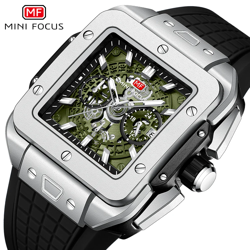 Mini Focus Black Silicone Strap Green Dial Chronograph Quartz Watch for Gents - MF0475G-01 - Image 3