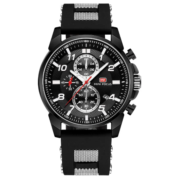 Mini Focus Black Silicone Strap Strap Black Dial Chronograph Quartz Watch for Gents - MF0268G-04