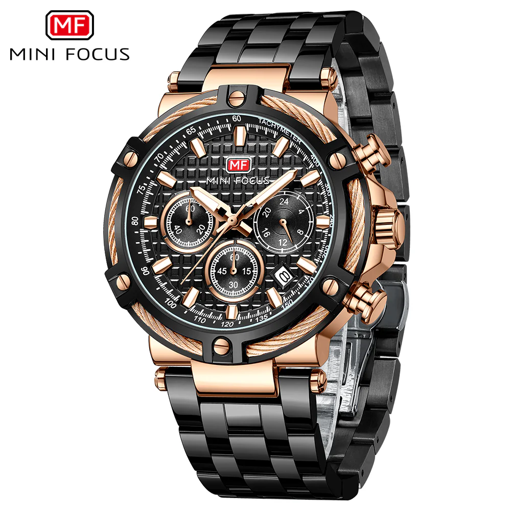 Mini Focus Black Stainless Steel Black Dial Chronograh Quartz Watch for Gents - MF0470G-03 - Image 2