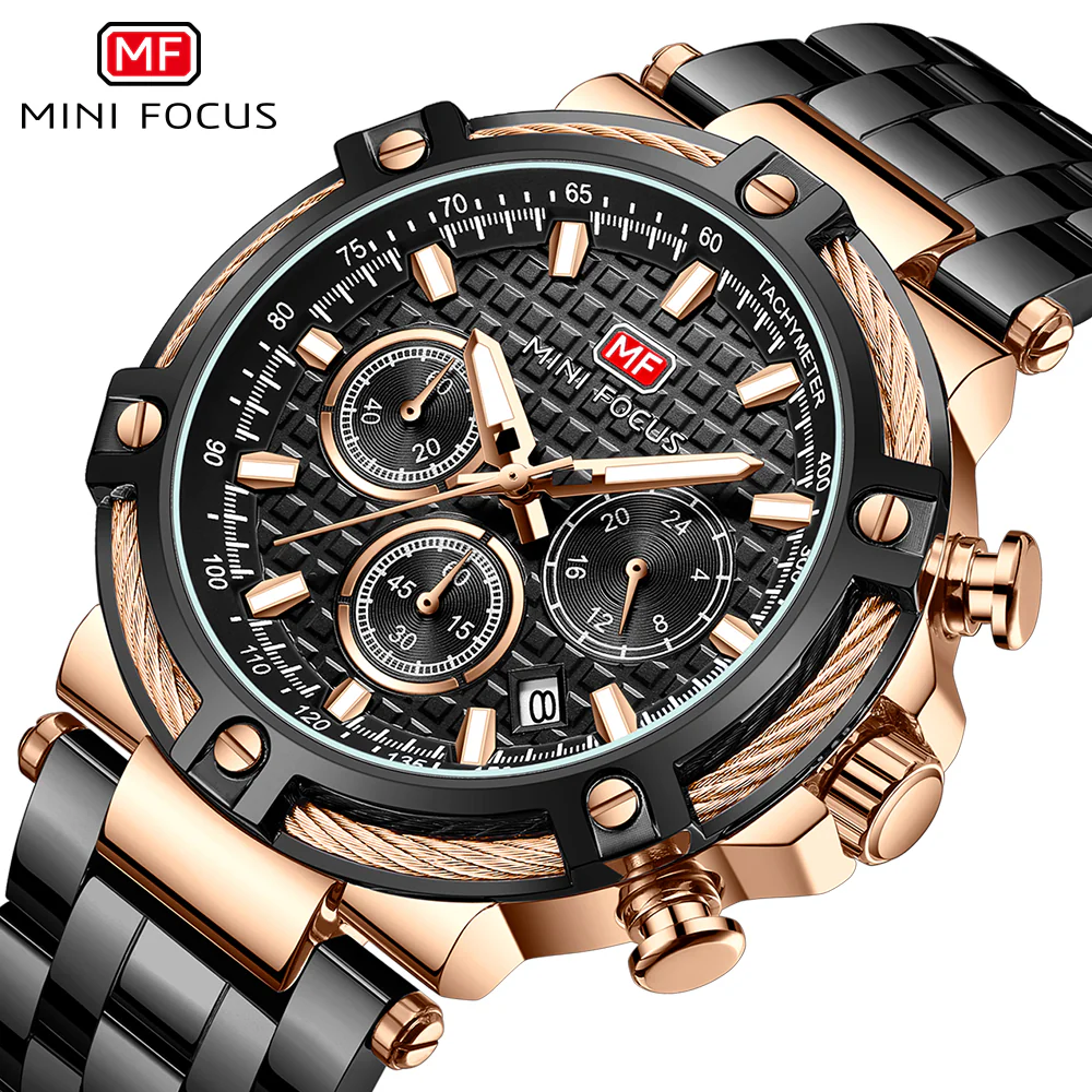 Mini Focus Black Stainless Steel Black Dial Chronograh Quartz Watch for Gents - MF0470G-03 - Image 3