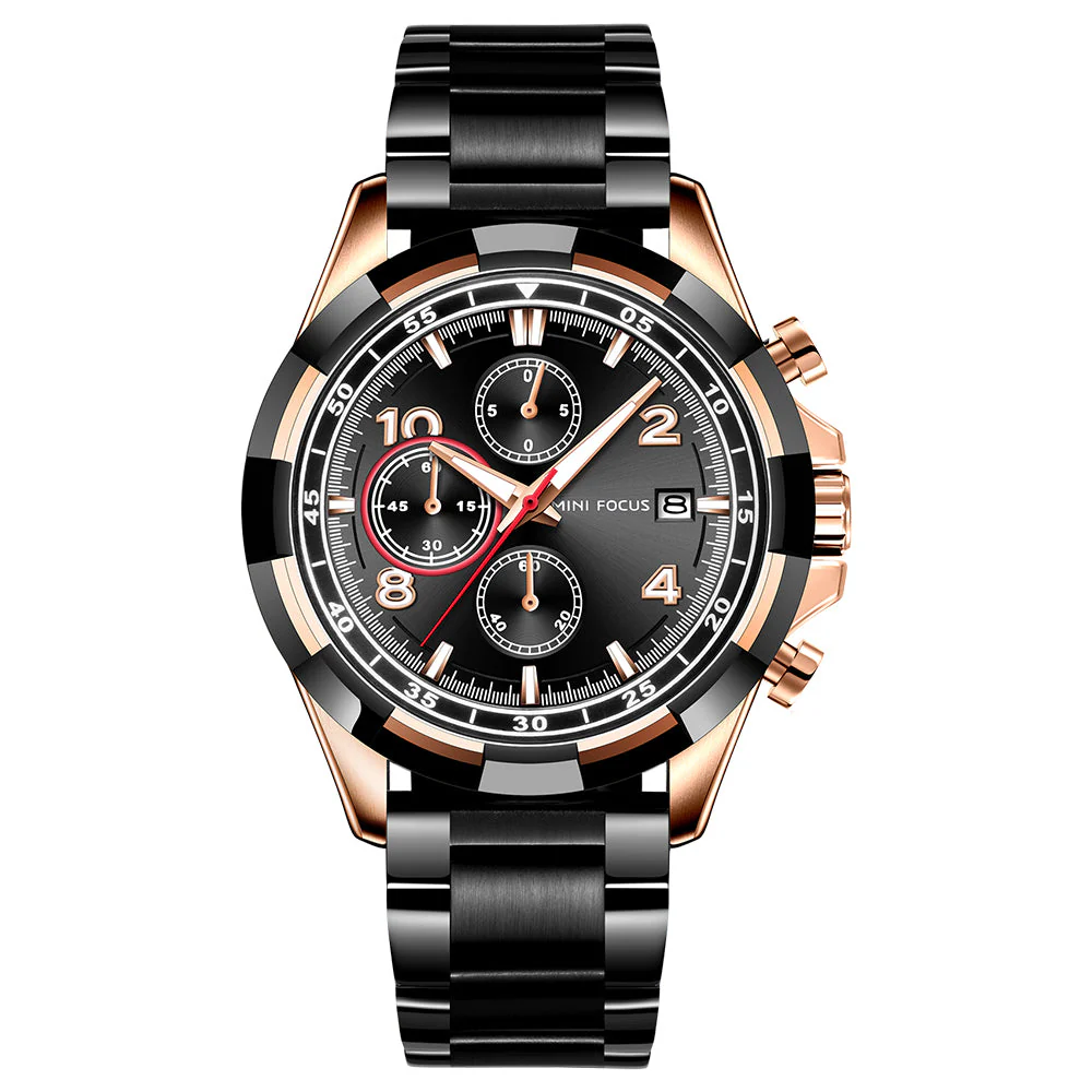 Mini Focus Black Stainless Steel Black Dial Chronograph Quartz Watch for Gents - MF0198G-02
