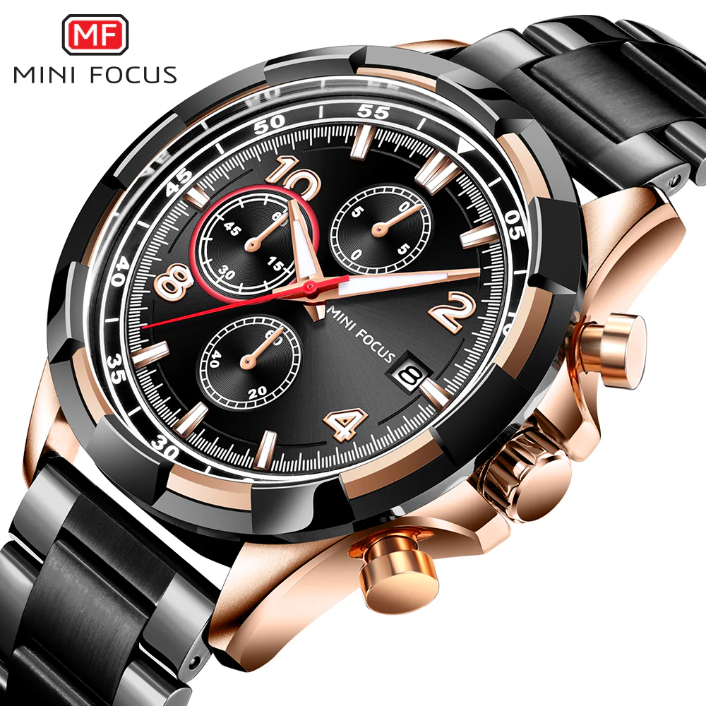 Mini Focus Black Stainless Steel Black Dial Chronograph Quartz Watch for Gents - MF0198G-02 - Image 2