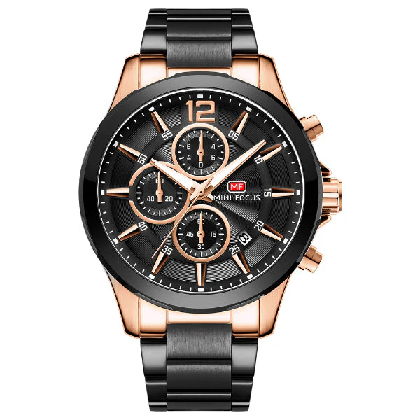 Mini Focus Black Stainless Steel Black Dial Chronograph Quartz Watch for Gents - MF0237G-02