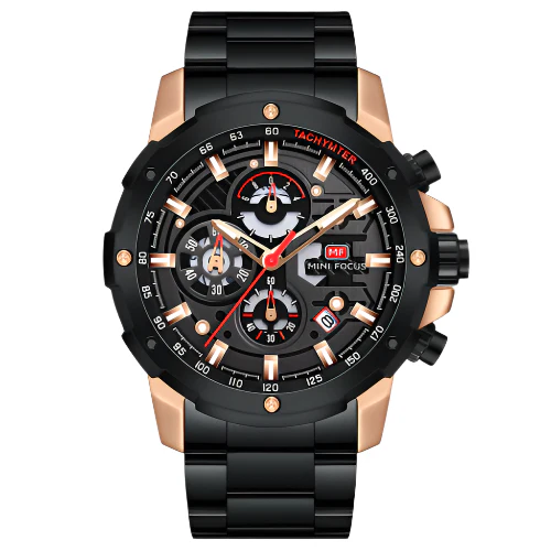 Mini Focus Black Stainless Steel Black Dial Chronograph Quartz Watch for Gents - MF0401G-02