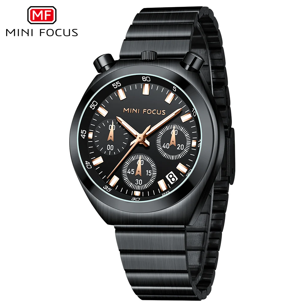 Mini Focus Black Stainless Steel Black Dial Chronograph Quartz Watch for Gents - MF0491L-05 - Image 2