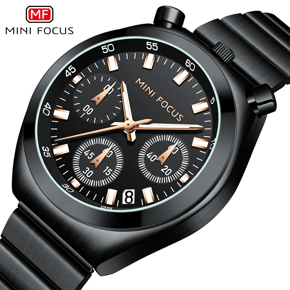 Mini Focus Black Stainless Steel Black Dial Chronograph Quartz Watch for Gents - MF0491L-05 - Image 3