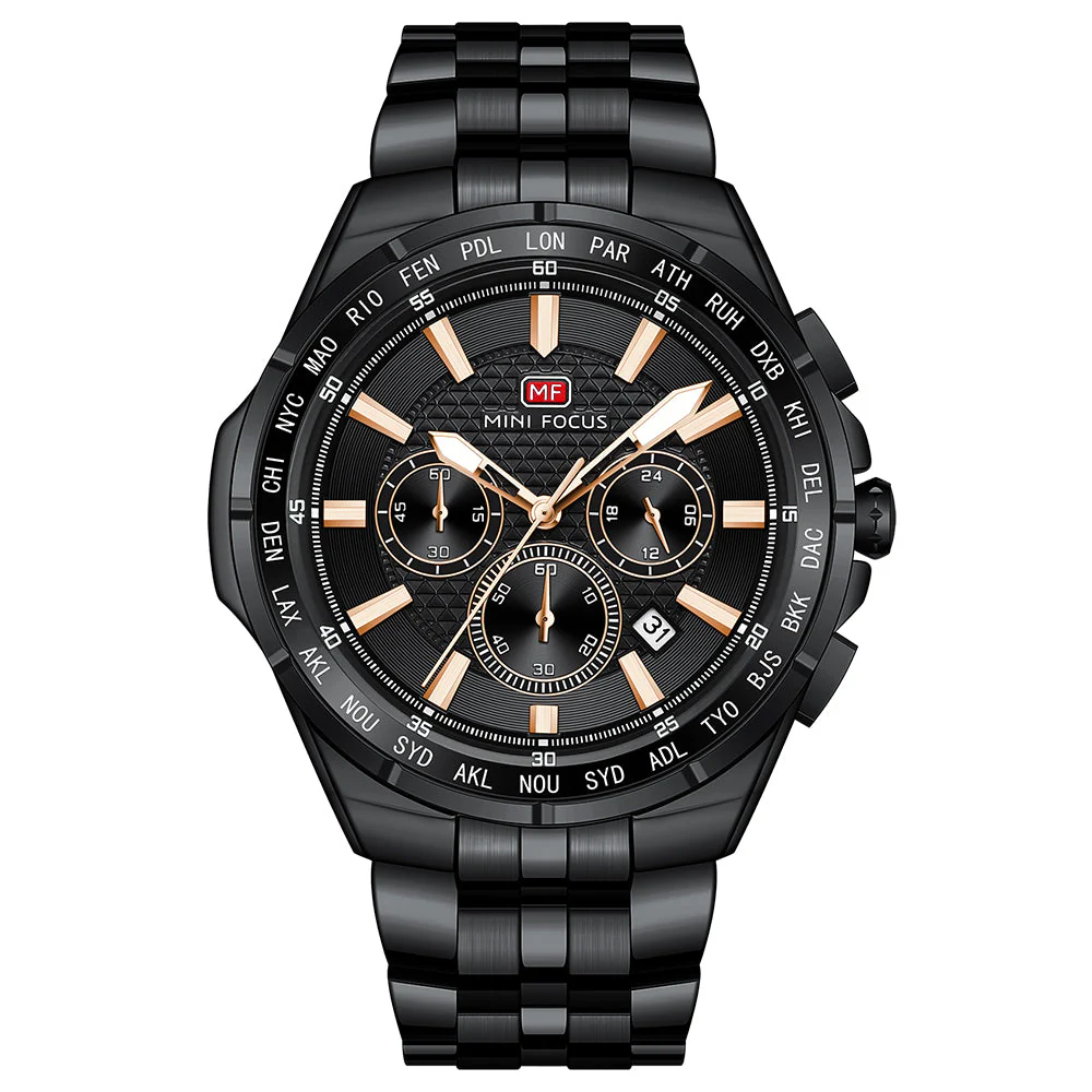 Mini Focus Black Stainless Steel Black Dial Chronograph Quartz Watch for Gents - MF0613G-05