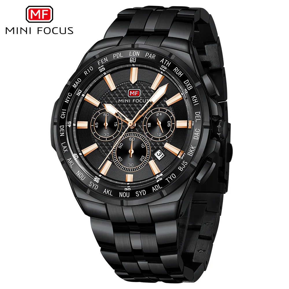 Mini Focus Black Stainless Steel Black Dial Chronograph Quartz Watch for Gents - MF0613G-05 - Image 2