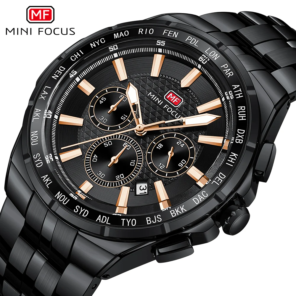 Mini Focus Black Stainless Steel Black Dial Chronograph Quartz Watch for Gents - MF0613G-05 - Image 3
