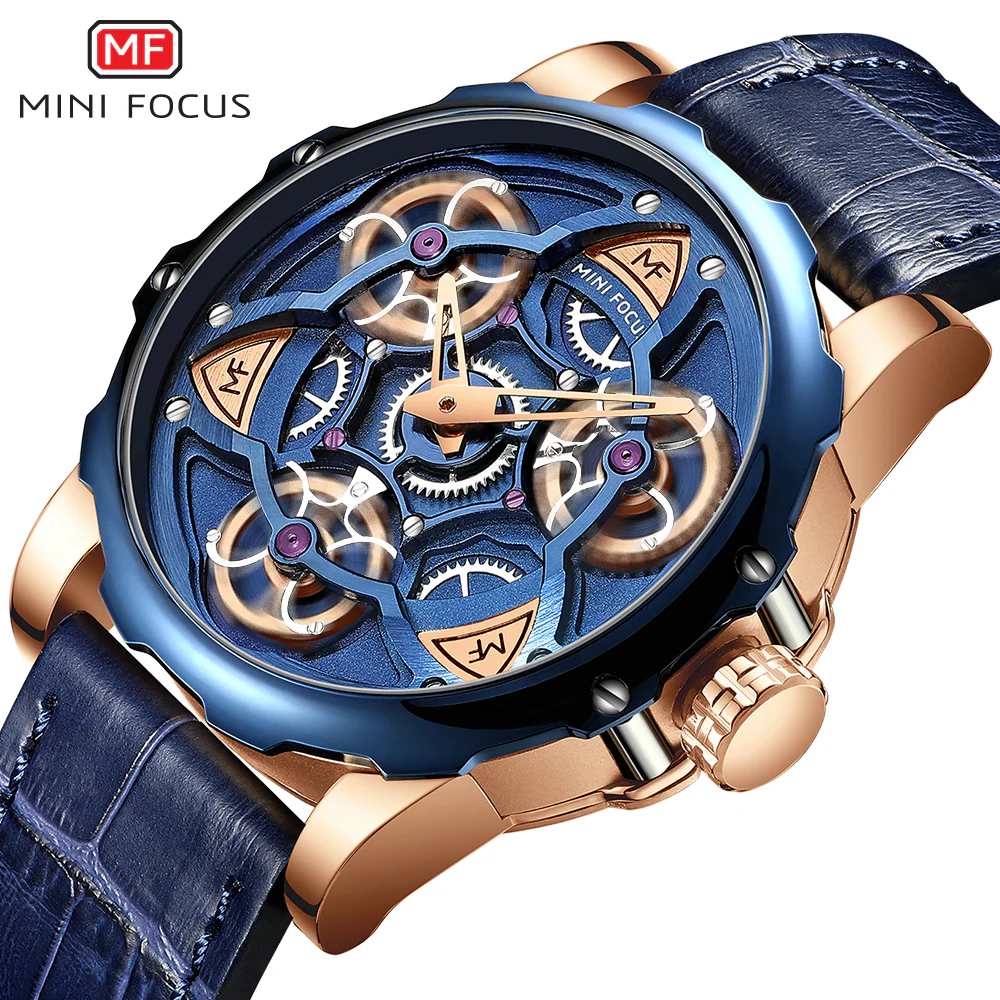 Mini Focus Blue Leather Strap Blue Dial Quartz Watch for Gents - MF0249G-04 - Image 3