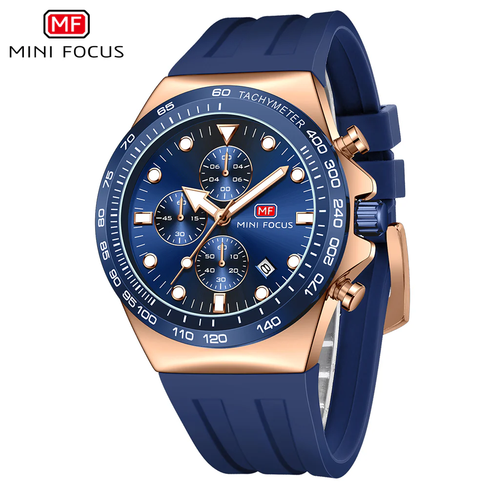 Mini Focus Blue Silicone Strap Blue Dial Chronograph Quartz Watch for Gents - MF0488G-06 - Image 2
