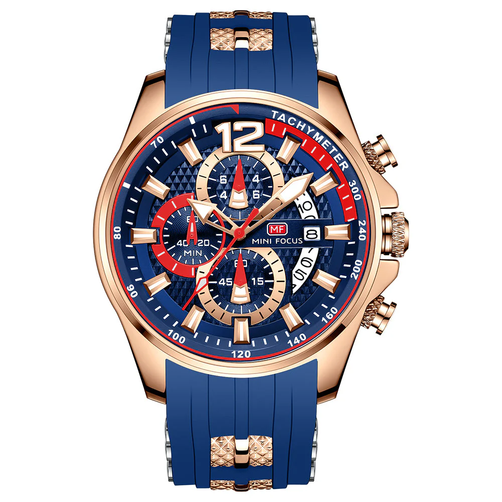 Mini Focus Blue Silicone Strap Strap Blue Dial Chronograph Quartz Watch for Gents - MF0350G-02