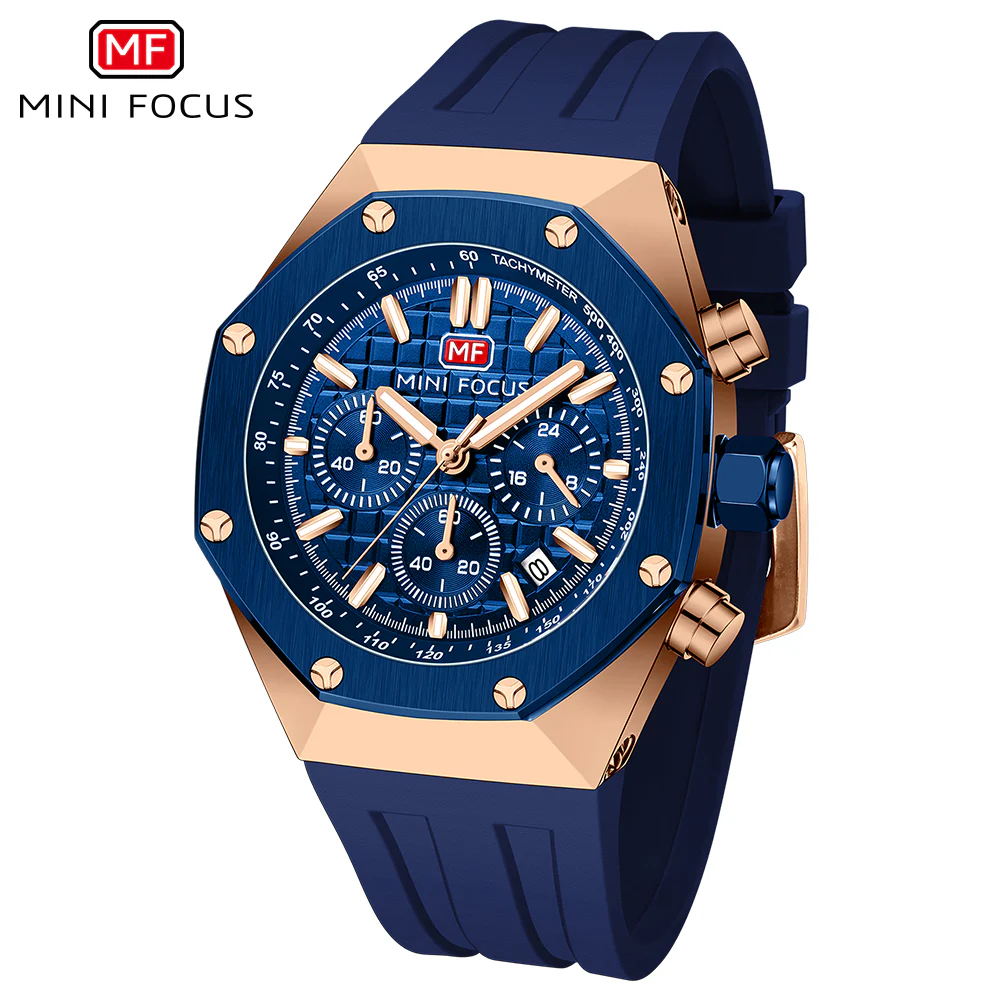 Mini Focus Blue Silicone Strap Strap Blue Dial Chronograph Quartz Watch for Gents - MF0417G-02 - Image 2