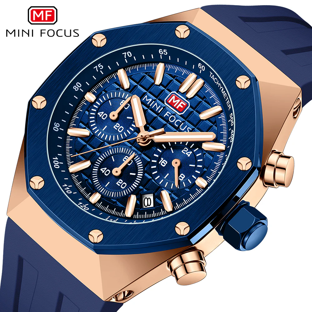 Mini Focus Blue Silicone Strap Strap Blue Dial Chronograph Quartz Watch for Gents - MF0417G-02 - Image 3