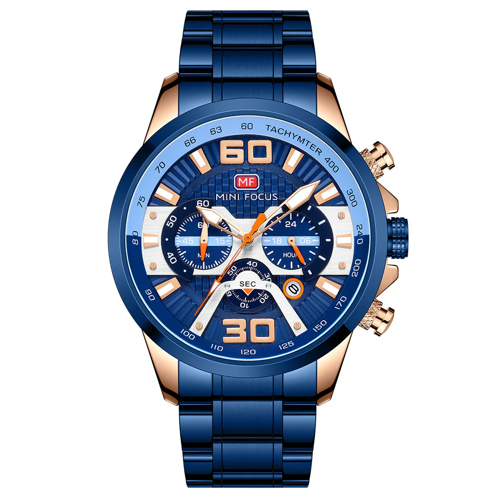 Mini Focus Blue Stainless Steel Blue Dial Chronograph Quartz Watch for Gents - MF0336G-02