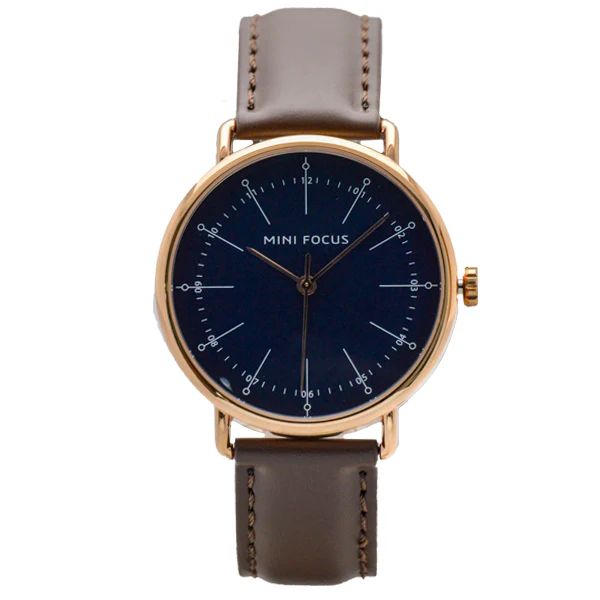 Mini Focus Brown Leather Strap Blue Dial Quartz Watch for Gents - MF0056G-04