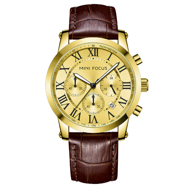 Mini Focus Brown Leather Strap Gold Dial Chronograph Quartz Watch for Gents - MF0415G-02