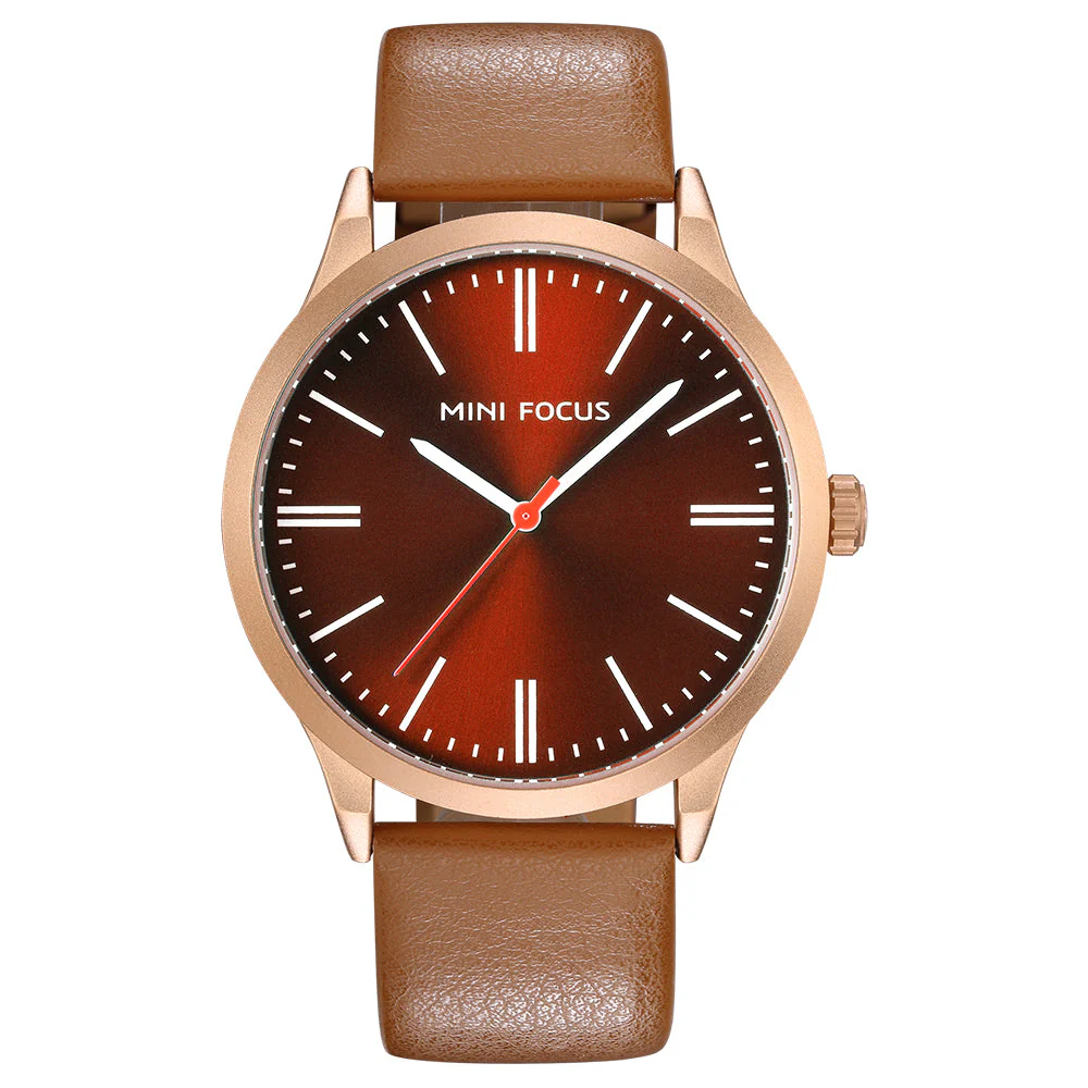 Mini Focus Brown Leather Strap Maroon Dial Quartz Watch for Gents - MF0058G-01