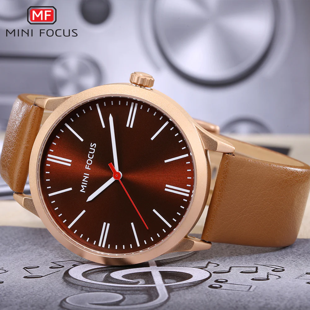 Mini Focus Brown Leather Strap Maroon Dial Quartz Watch for Gents - MF0058G-01 - Image 2