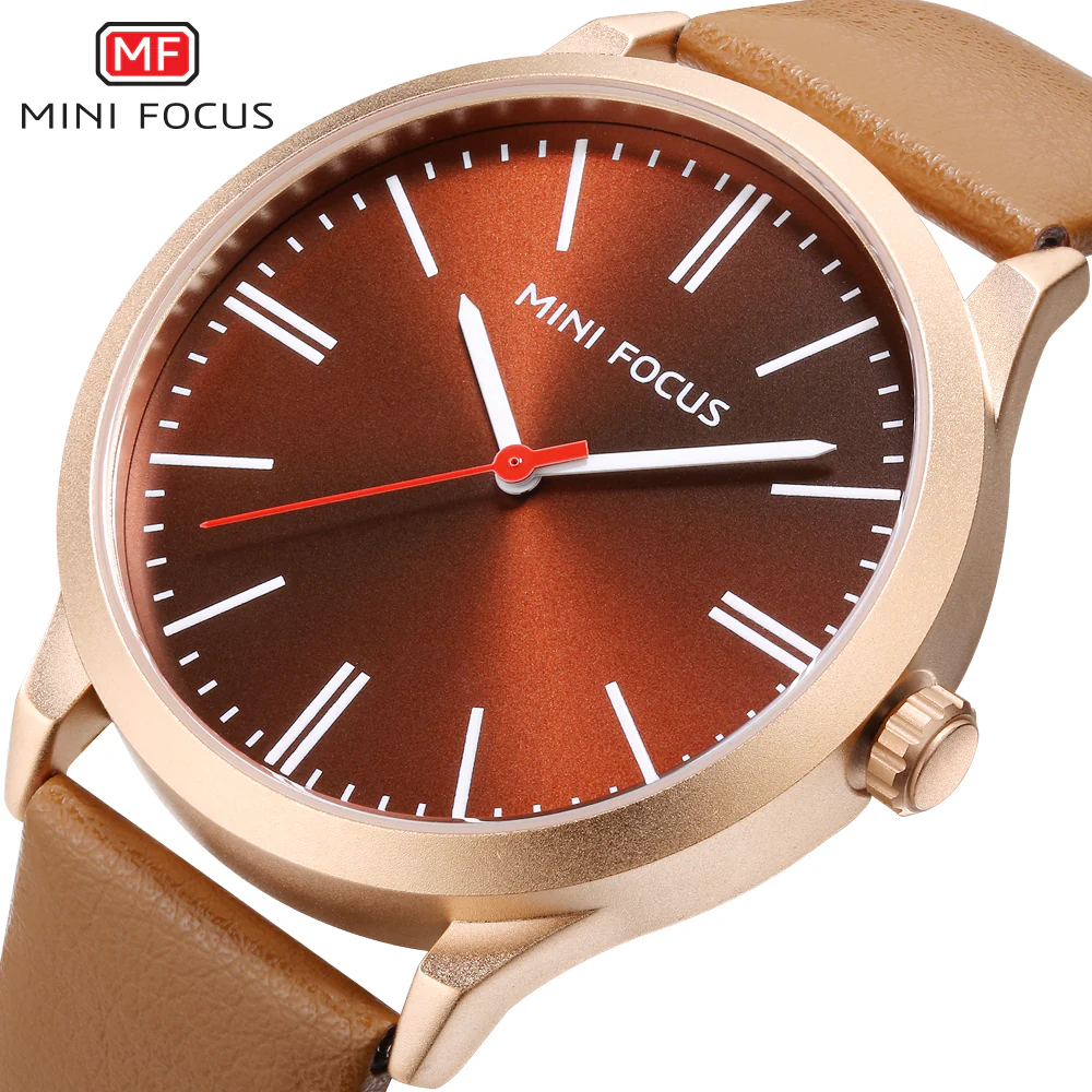 Mini Focus Brown Leather Strap Maroon Dial Quartz Watch for Gents - MF0058G-01 - Image 3