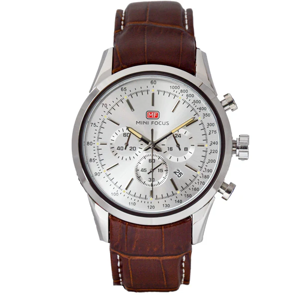 Mini Focus Brown Leather Strap Silver Dial Chronograph Quartz Watch for Gents - MF0116G-02