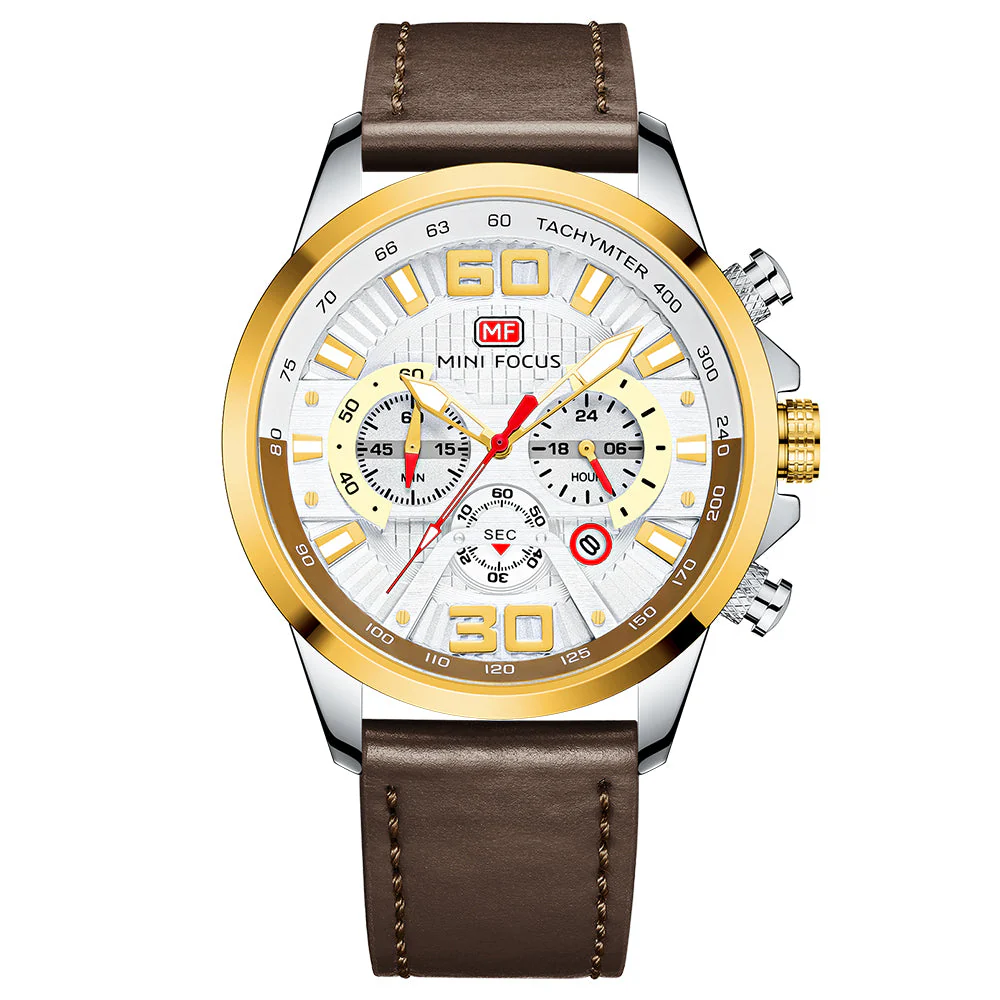 Mini Focus Brown Leather Strap White Dial Chronograph Quartz Watch for Gents - MF0336G-08