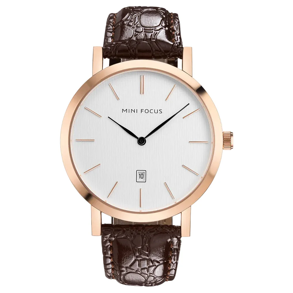 Mini Focus Brown Leather Strap White Dial Quartz Watch for Gents - MF0108G-02
