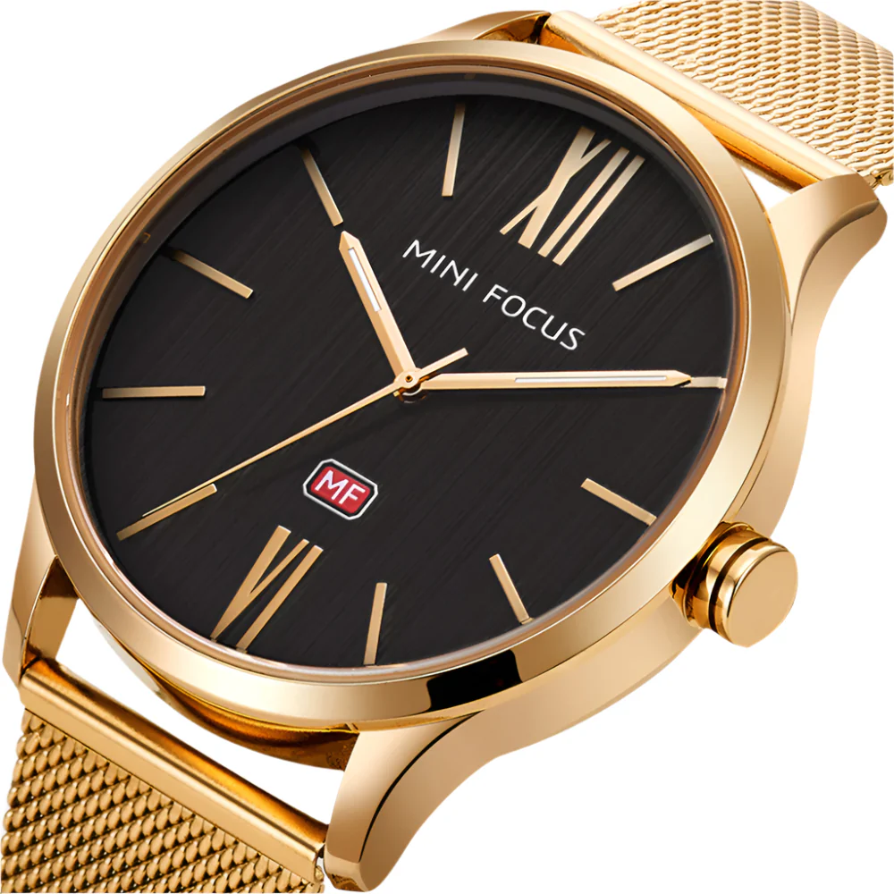 Mini Focus Gold Mesh Bracelet Black Dial Quartz Watch for Gents - MF0018G-05 - Image 2