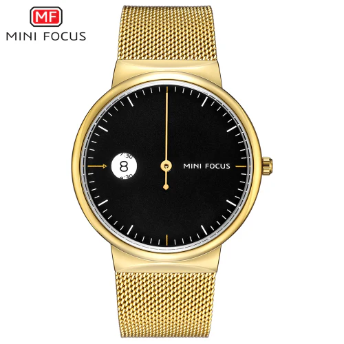 Mini Focus Gold Mesh Bracelet Black Dial Quartz Watch for Gents - MF0182G-04