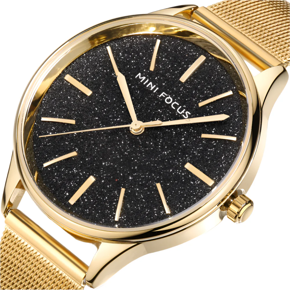 Mini Focus Gold Mesh Bracelet Black Dial Quartz Watch for Ladies - MF0044L-04 - Image 2