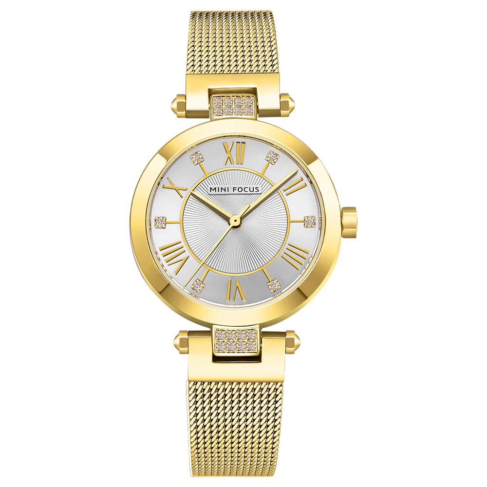 Mini Focus Gold Mesh Bracelet Silver Dial Quartz Watch for Ladies - MF0215L-01