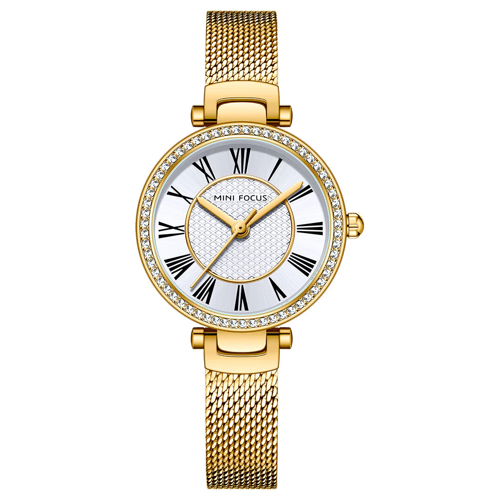 Mini Focus Gold Mesh Bracelet Silver Dial Quartz Watch for Ladies - MF0424L-02