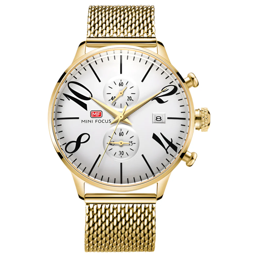 Mini Focus Gold Mesh Bracelet White Dial Chronograph Quartz Watch for Gents - MF0135G-09