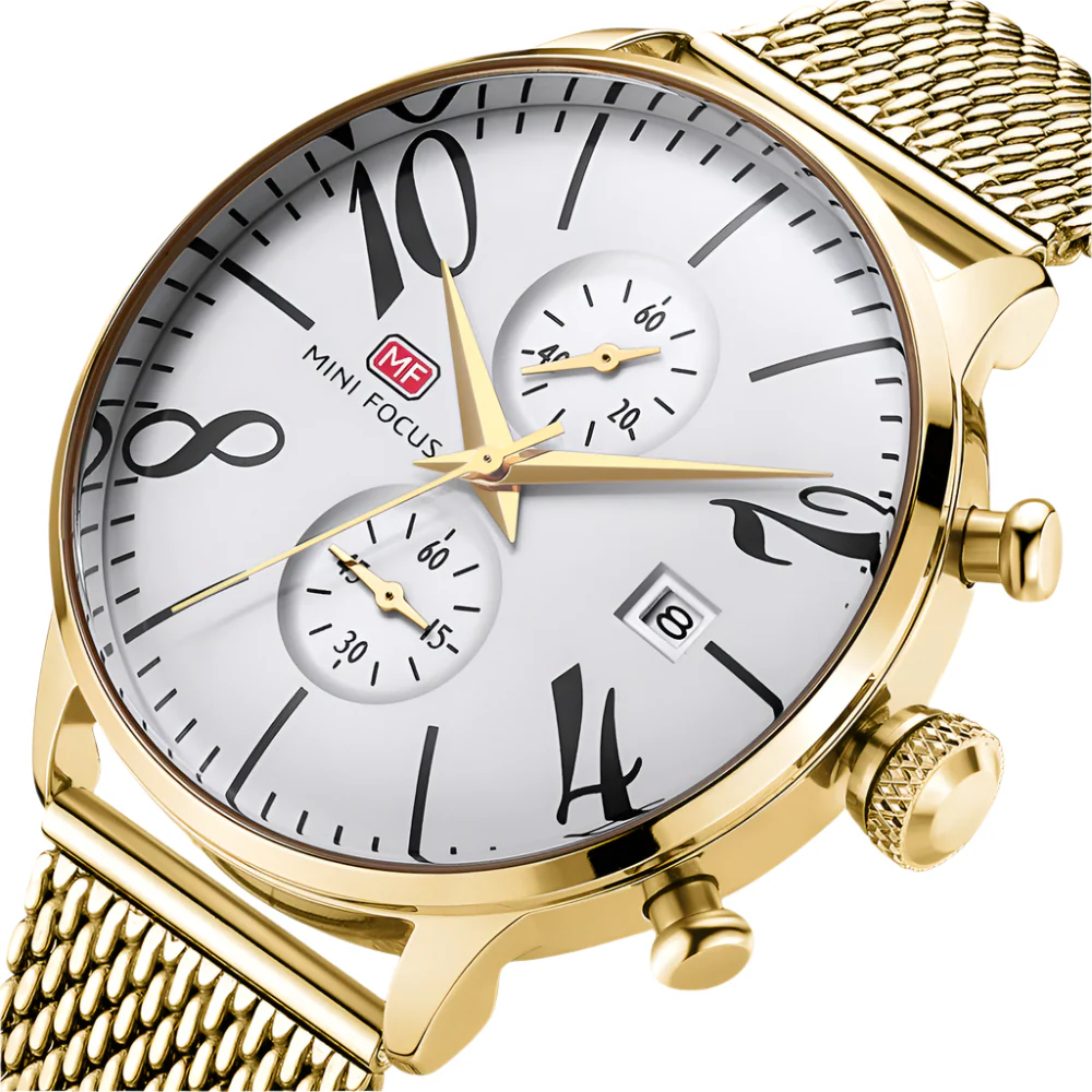 Mini Focus Gold Mesh Bracelet White Dial Chronograph Quartz Watch for Gents - MF0135G-09 - Image 2
