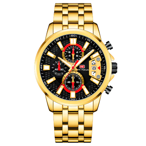 Mini Focus Gold Stainless Steel Black Dial Chronograph Quartz Watch for Gents - MF0352G-06