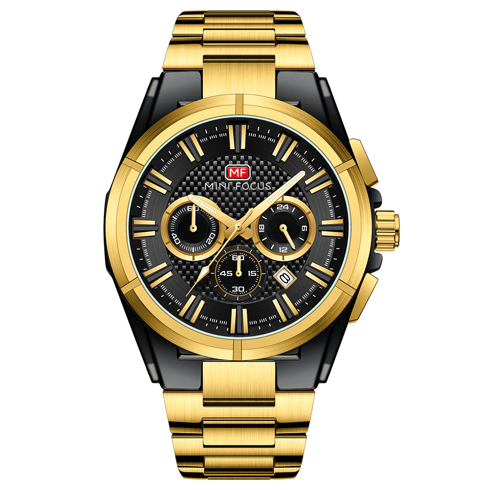 Mini Focus Gold Stainless Steel Black Dial Chronograph Quartz Watch for Gents - MF0495G-04