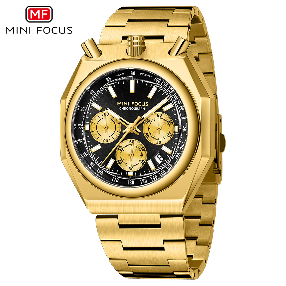 Mini Focus Gold Stainless Steel Black Dial Chronograph Quartz Watch for Gents - MF0601G-05 - Image 2