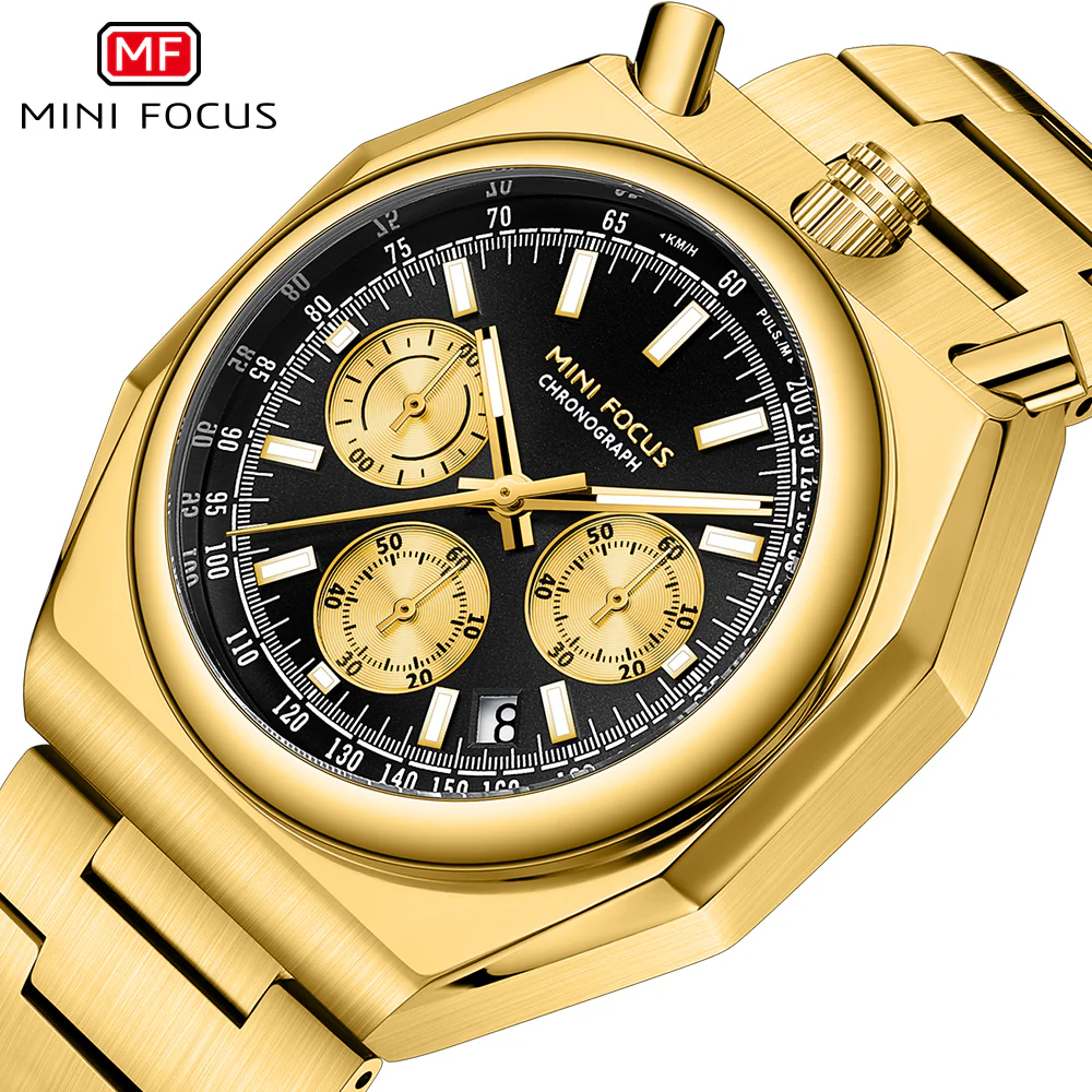 Mini Focus Gold Stainless Steel Black Dial Chronograph Quartz Watch for Gents - MF0601G-05 - Image 3