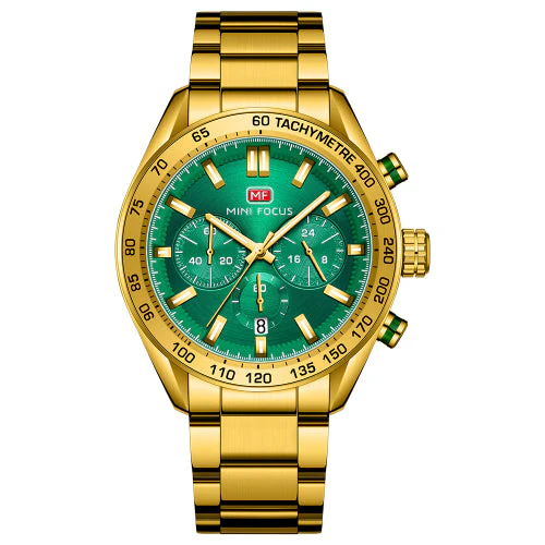 Mini Focus Gold Stainless Steel Green Dial Chronograph Quartz Watch for Gents - MF0403G-02