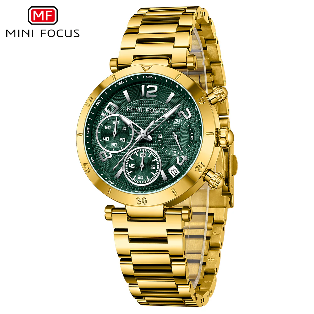 Mini Focus Gold Stainless Steel Green Dial Chronograph Quartz Watch for Ladies - MF0489L-06 - Image 2